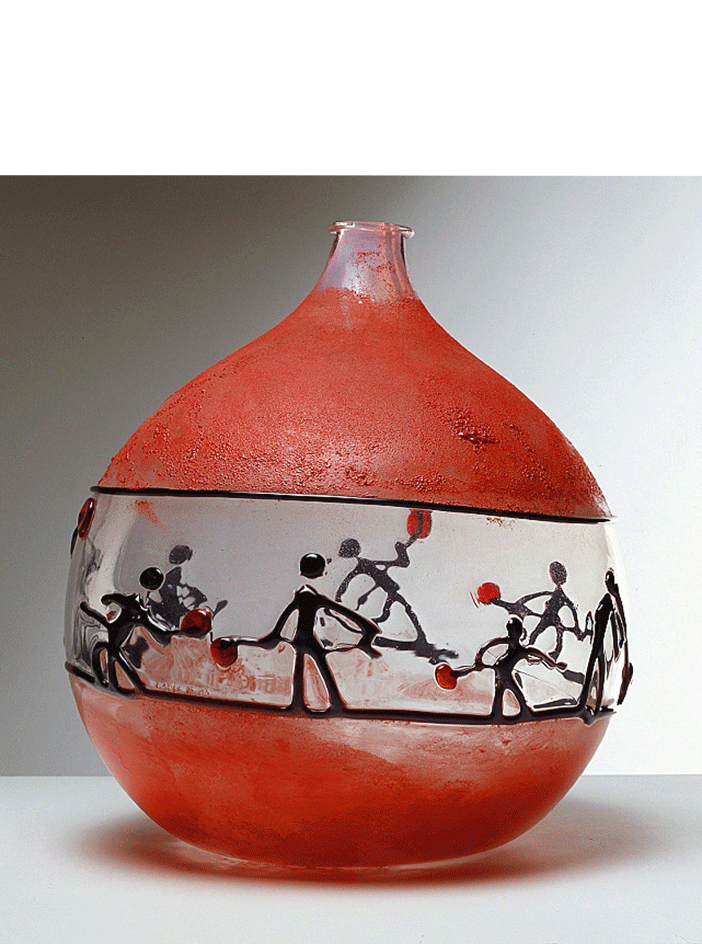 Vaso Fornace n.7, 1961 Fascia centrale raffigurante la lavorazione del vetro; figure in pasta vitrea applicata nera e rubino cm 32,5 (diam.) x 35,2
